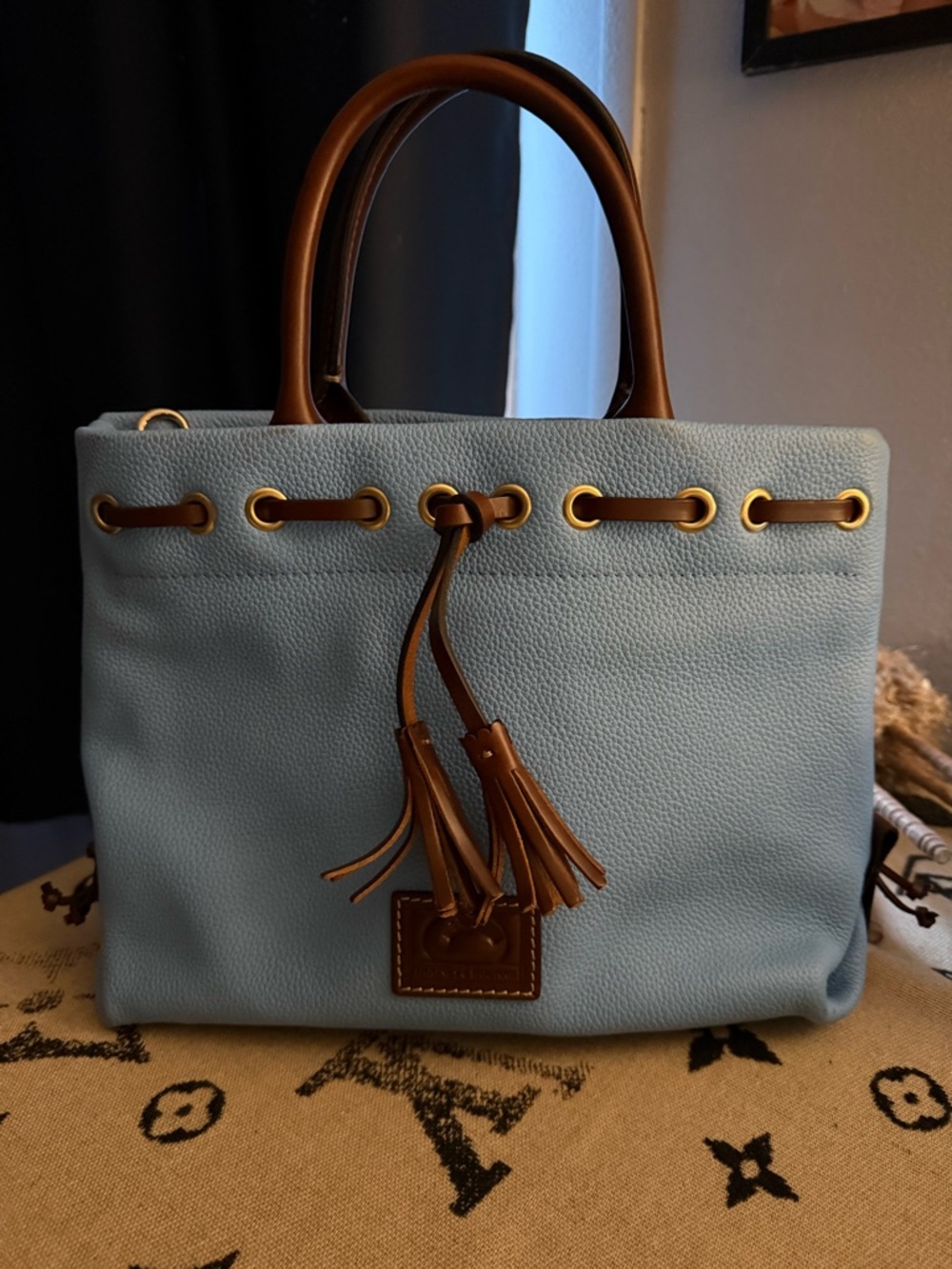 Dooney & Bourke Sky Blue Tote with Brown Trim and Tassels